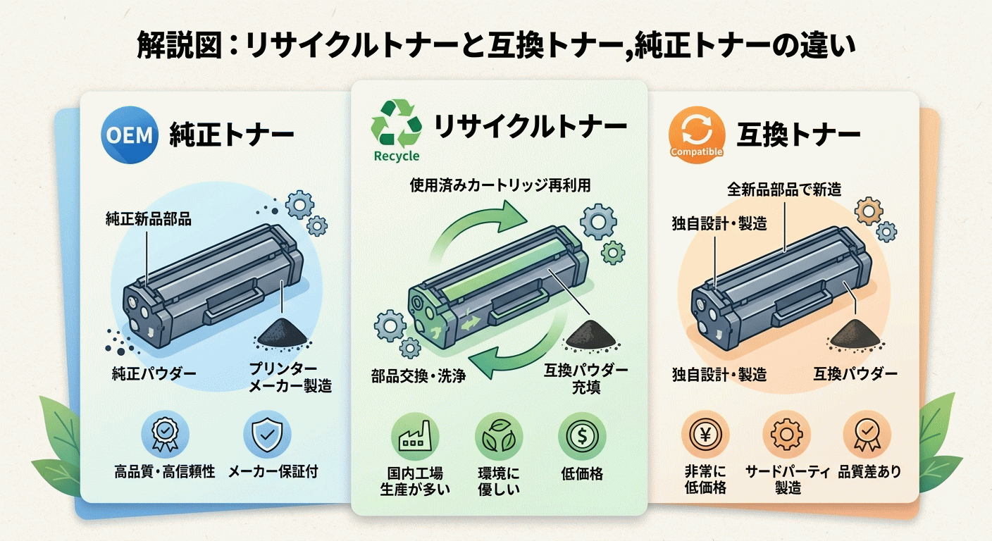 解説図：リサイクルトナーと互換トナー,純正トナーの違い