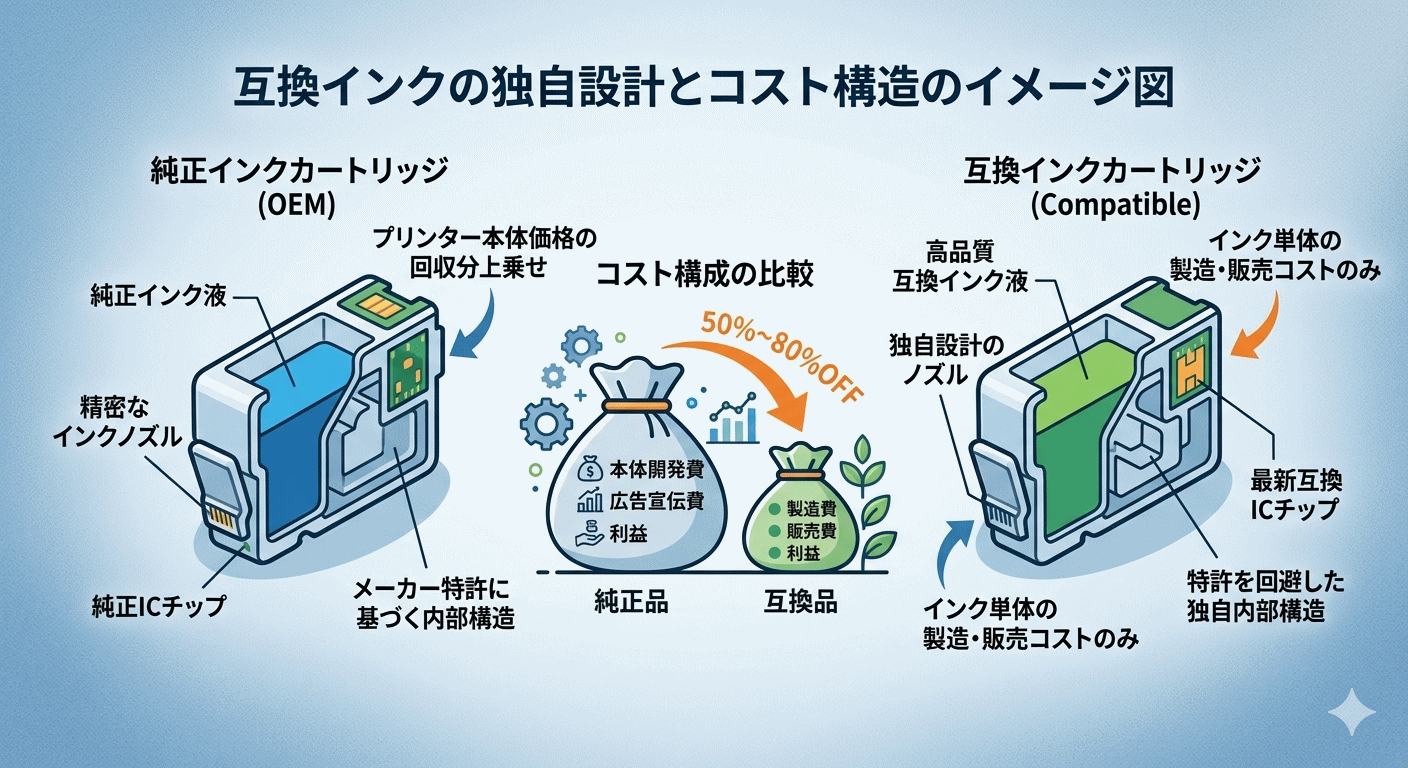 互換インクの仕組みと純正品との比較イメージ