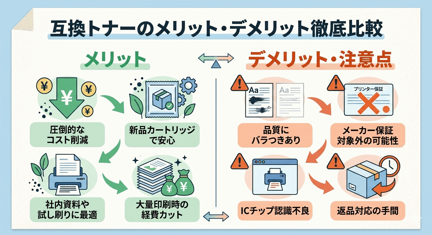 互換トナーのメリット・デメリット比較イメージ図