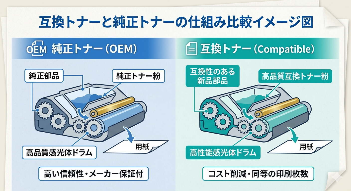 互換トナーと純正トナーの仕組み比較イメージ図
